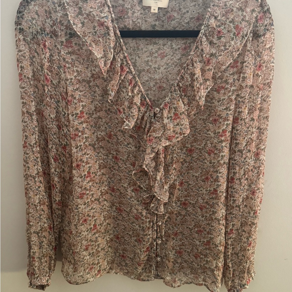 Sezane Floral Ruffle Blouse - Pink and Cream